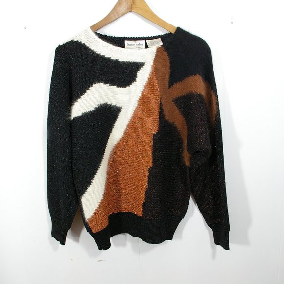 Vintage Sweaters - Vintage Knit Sweater Womens Large Black Brown Geometric Metallic Ladies 70s 80s